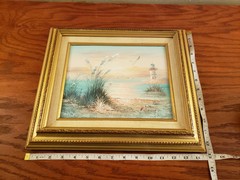 Oil Painting Seascape Lighthouse Beach Scene House Framed Vintage K Cummings