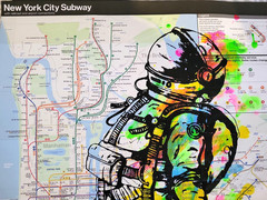 Handpainted Astronaut Spaceman Acrylic Graffiti Art artwork on a NYC Subway Map