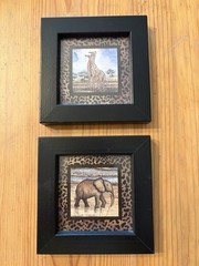 2 Miniature 4”x4” African Wild Animals Elephant Giraffe Black Wood Frames