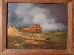 Vintage Oil Painting Farmhouse Farmer Ox Plowing Field Landscape Signed 9×12″