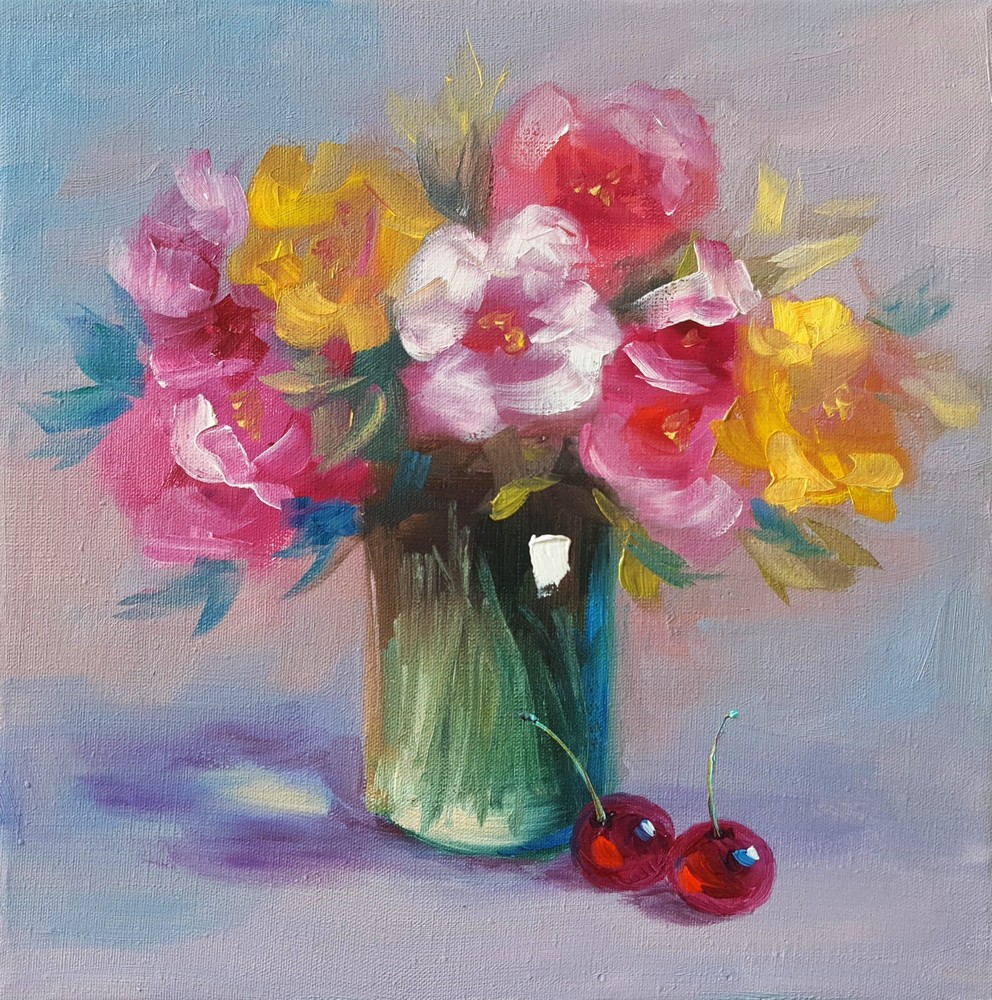 Colorful Floral Bouquet Original Oil Painting Impressionist Still Life Wall Art
