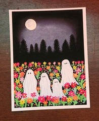 Original Acrylic Art Small PRINT Ghost Family Neon Flowers Forrest Painting