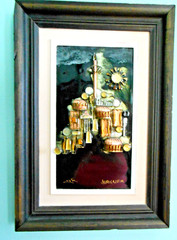 Mid Cent Mixed Media Art Painting Copper Enamel 3D Jerusalem Avi Akshuta