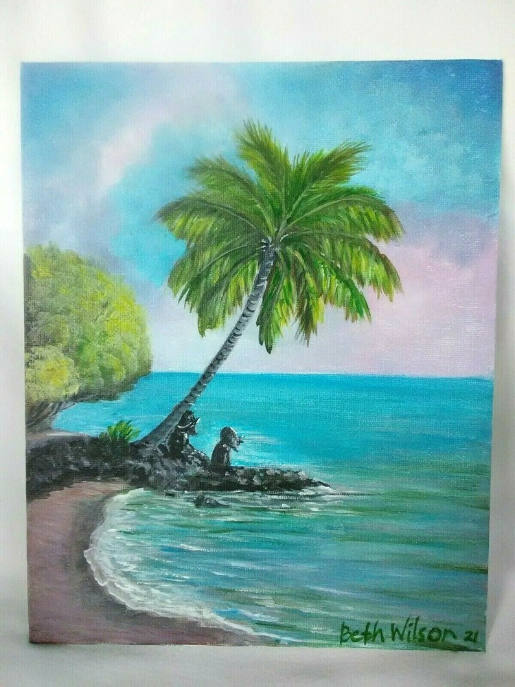 Original Acrylic Painting 8 x 10 Canvas Tropical Island Beach Cove Art Decor