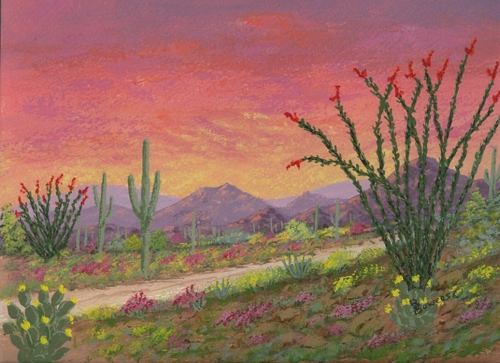 Original acrylic Arizona Southwest landscape Sunset Road red sky 9×12 image