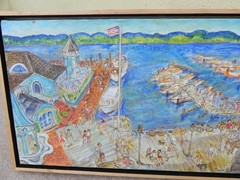 Whimsical contemporary painting of Potomac River quai by Anne Landry