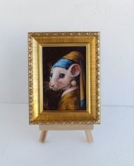 Original ACEO Rat Oil Painting Framed – Rat with Pearl Earring Portrait