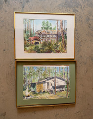 (2) Vtg Matching Original Watercolor Paintings By Lyn Wightman Bus Florida