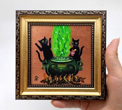 Black Cats Brewing Magic Potion Mini Oil Painting Framed Halloween Wall Art