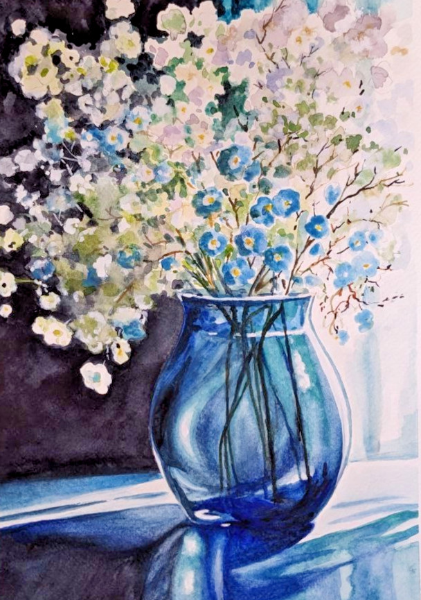 Floral Still Life Watercolor Painting Blue Forget-Me-Nots in Glass Vase Art A4