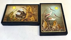 Arturo Alcala Small Paintings Gouache On Wood Set Of 2 Cats And Cranes 4”X 6”