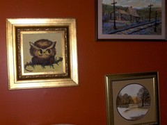 Authentic ORIGINAL Baby Owl Bird Brown Beige Happy Limb Tree Signed Oil Canavas
