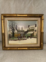 H. Hargrove Signed Winter Oil Painting General Store Gold Framed Snowy Town