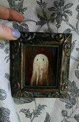 Original Ornate Framed Ghost Painting 3×3 Miniature Gothic Halloween Art Vintage