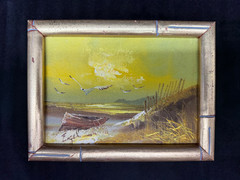 Engel Signed Oil Painting With Frame Seaside Seagulls Rowboat Nautical 6″ x 8″
