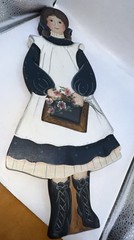 Vintage American Folk Art Painting On Wood Cut Out School Girl Signed 19”x 8”