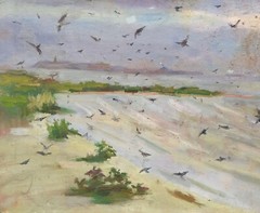 Oil painting Swallows Ukrainian painter cardboard framed original landscape art