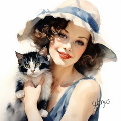 Watercolor Cat Painting Art Print 1920s style 8.5×11 INCLUDES 11X14 MATTING