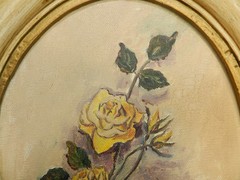 Vintage Mildred Colvin Yellow Rose Floral Painting on Canvas Oval Frame (O33S)
