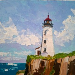 Lighthouse Impasto Original Oil Painting: 3D Textured Art, Unframed 6×6″