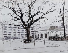 GERRY MILLER – „Erkner“. Pen and wash painting on paper. 30x38cm