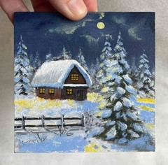 Winter Original Oil Painting Night Landscape House Forest Wall Art 4 x 4 in