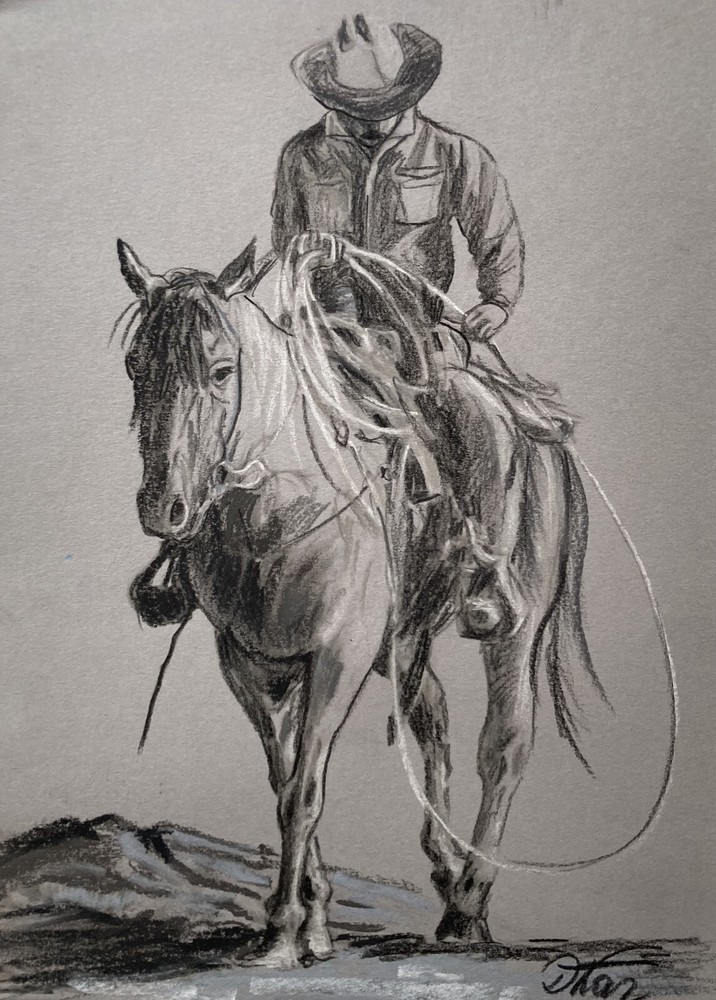 Landscape Pastel Painting Drawing Dorothy Laz cowboy on horse graphic