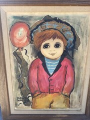 Boy with Red Balloon mixed media painting by Roger Etienne 1962