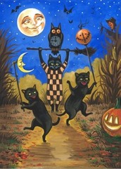 5×7 PRINT OF PAINTING HALLOWEEN BLACK CAT WITCH OWL CORN MAZE Vintage Style Art