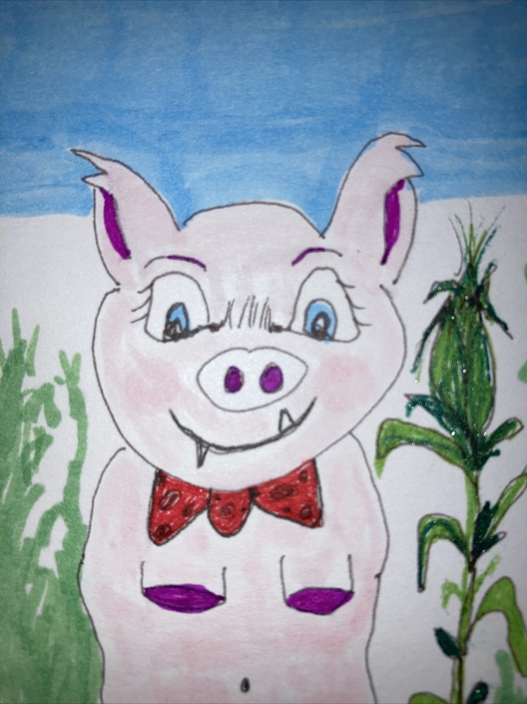 Original Art card ACEO dorisann1022 marker draw Pig Corn Angry Ghost Of Bacon