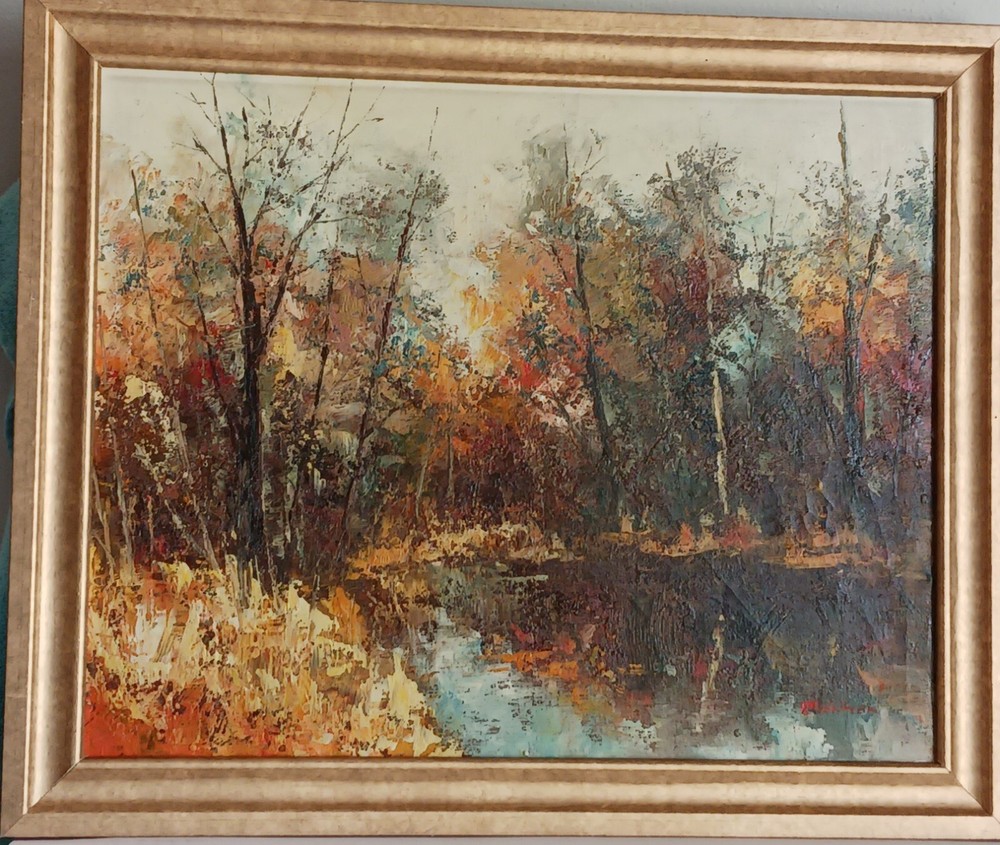 Vtg Impressionist painting oil canvas „Forest Interior with Pond“ signed illeg.