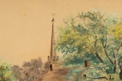 Antique New England Watercolor, Churchyard, H. Burroughs, Signed