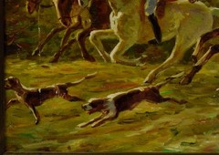 19th c. After Leszek Piasecki, antique oil painting „Hunters at Full Gallop.