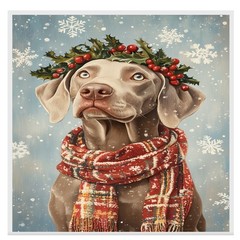 Christmas Weimaraner Dog Wall Art with Holly Wreath Snow Canvas for Home Decor
