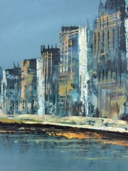 Oil Painting Coastal Cityscape MCM Vtg Landscape Modern Skyscrapers Signed Rodge