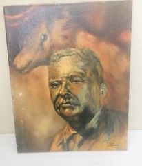 President Theodore Roosevelt & Horse Oil & Canvas Old Paper Political Art Signed