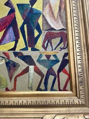 MID CENTURY PAINTING PEOPLE HORSE CUBIST CUBISM MODERNISM ANTIQUE 1940’S OIL