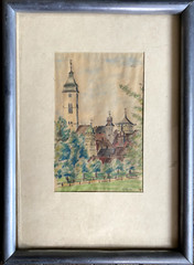 Color Chalk Drawing Monogr.W.Z. 1942 Village View with Church Tower and Trees