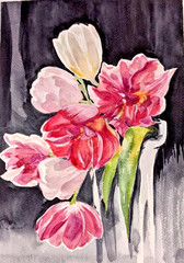 Tulip Bouquet Floral Watercolor Painting Flowers in Vase Romantic Botanical Art