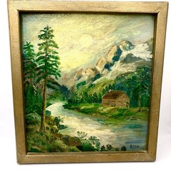 Vintage Outsider Art Painting Acrylic On Board Cabin Mountain Scene 10.25” READ