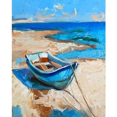 Original Oil Painting Blue Boat on Shore Coastal Seascape Wall Art 8×10″