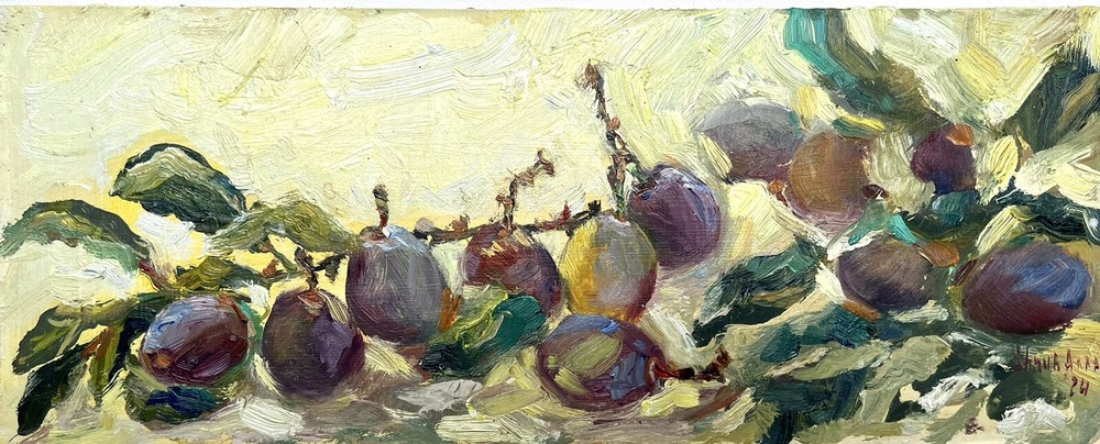 Original Oil Painting of plums on cardboard 15×5 Inch