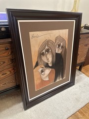 Vintage Charcoal Portrait Mid Century Modern Framed Art, Tomás 40.5” x 33.5”