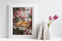 Orange Cat Original Art Still Life Wall Art Animal Oil Pastels Art Flowers Art