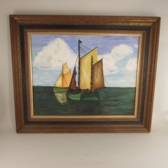 Original Acrylic On Board Painting Seascape With Fishing Boats Sailboats C Papp