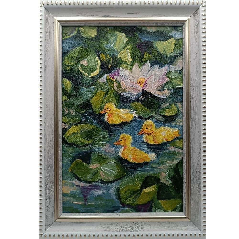 Cute Yellow Ducks Small Textured Painting Original Pond Lily Bathroom Decor
