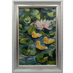 Cute Yellow Ducks Small Textured Painting Original Pond Lily Bathroom Decor