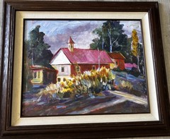 Original Signed Acrylic Painting Landscape Church Expressionist, Vtg Wood Frame