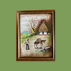 SET VTG HAND PAINTED OIL CANVAS WALL TAPESTRY PAINTING SET MCM COUNTRY FOLK ART