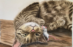 Original watercolor painting Cute Mischievous Tabby Cat and Mouse Pet Artwork